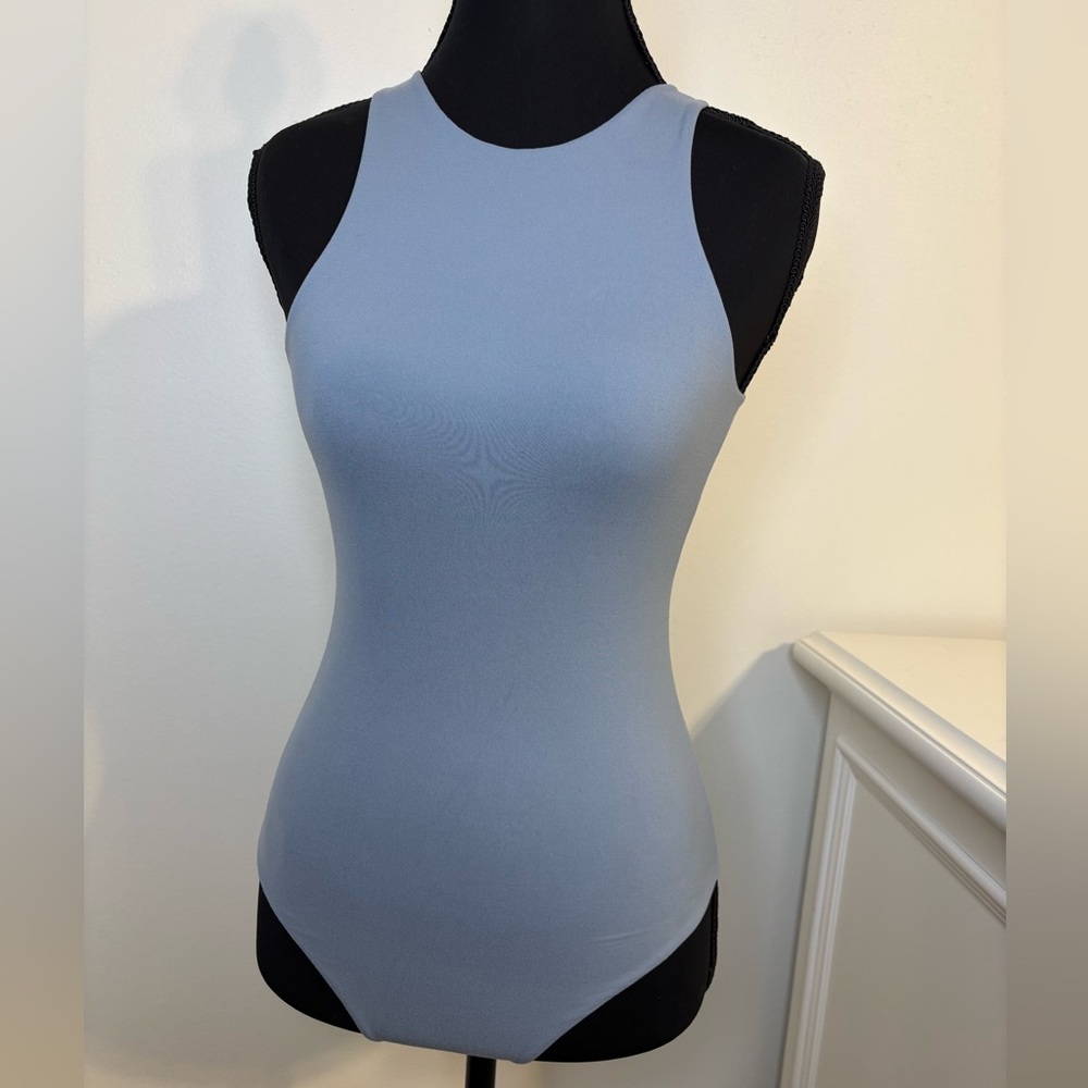 PUMIEY Dusty Blue High Neck Seamless Bodysuit XS | Sculpting Tank bodycon